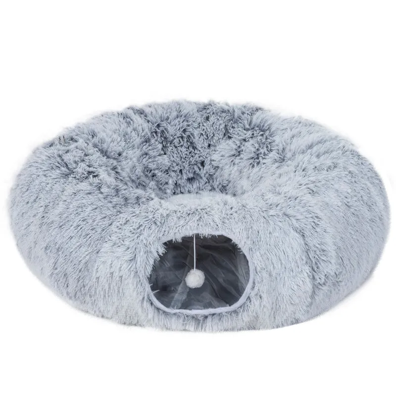 Tunnel pour chat forme beignet 90 x 80 x 27 cm coussin lavable confortable contemporain épuré en polyester gris clair 21_0007822