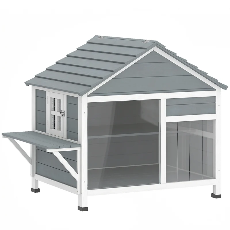 Maison pour chat extérieure à deux niveaux 101 x 72.5 x 81 cm toit ouvrant fenêtre large moderne épuré en bois gris 21_0007762