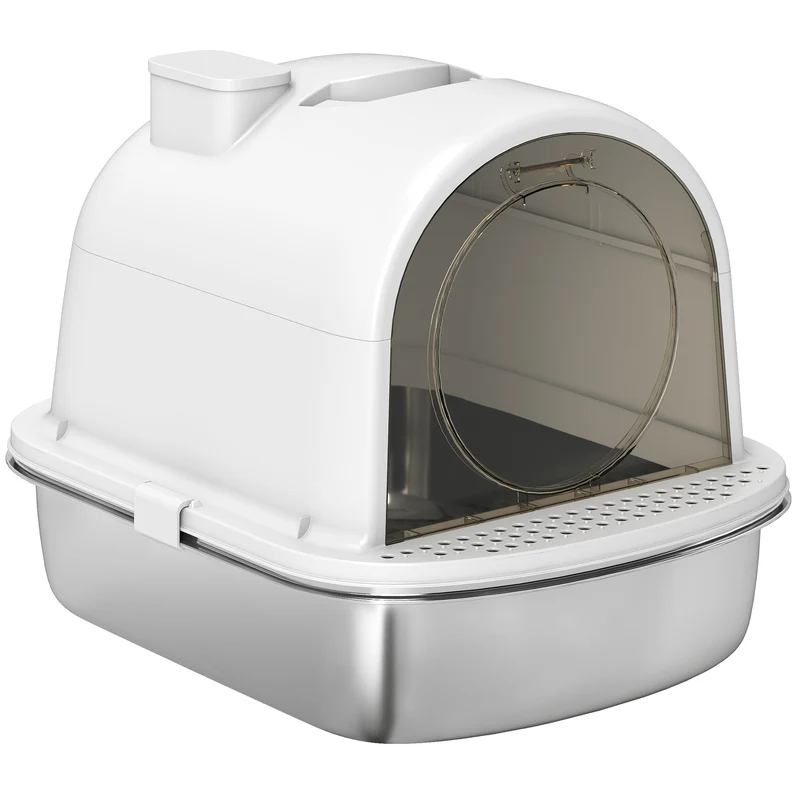 Maison de toilette pour chat 52.4 x 41.3 x 39.9 cm anti-odeur nettoyage facile design moderne en acier inoxydable blanc 21_0007806