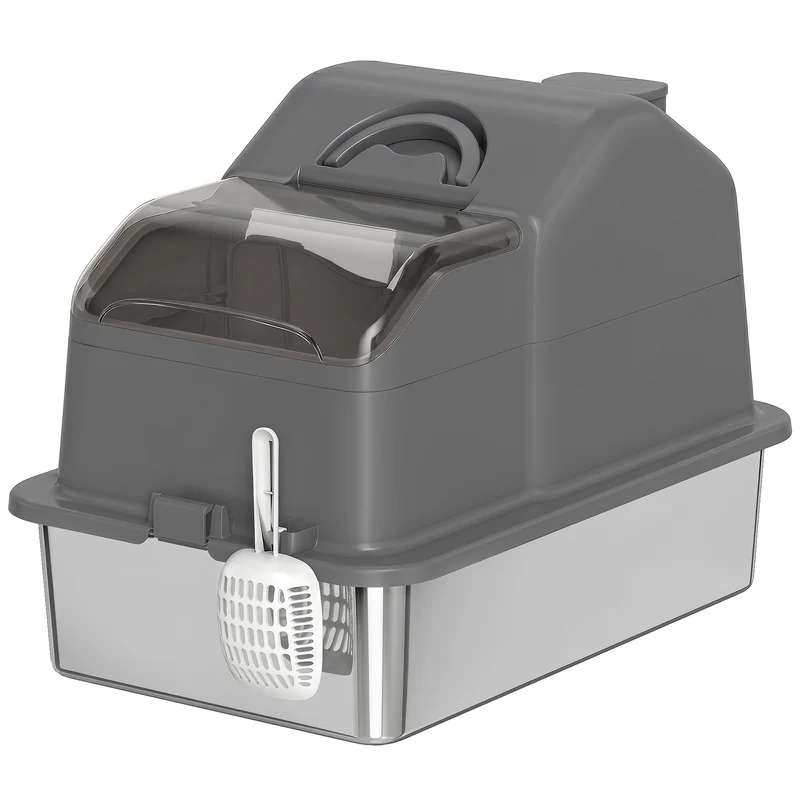 Maison de toilette fermée pour chat 60.5 x 40.5 x 45 cm anti odeurs couvercle style épuré en acier inoxydable gris foncé 21_0007801