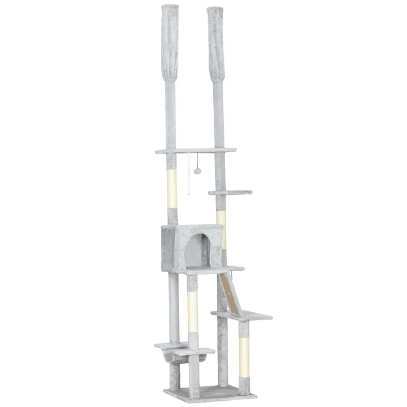 Arbre à chat du sol au plafond 48 x 48 x 225-255 cm stabilité hamac moelleux style minimaliste en peluche gris clair 21_0007740