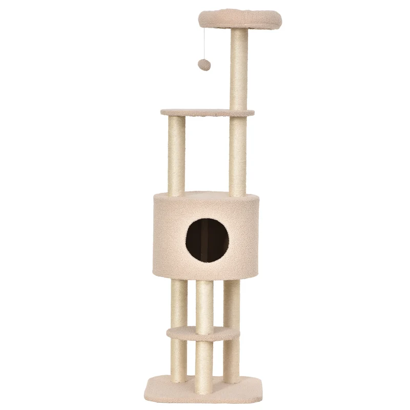 Arbre à chat avec niche et plateformes 45 x 40 x 148 cm griffoir perche rembourrée scandinave moderne en peluche beige 21_0007638