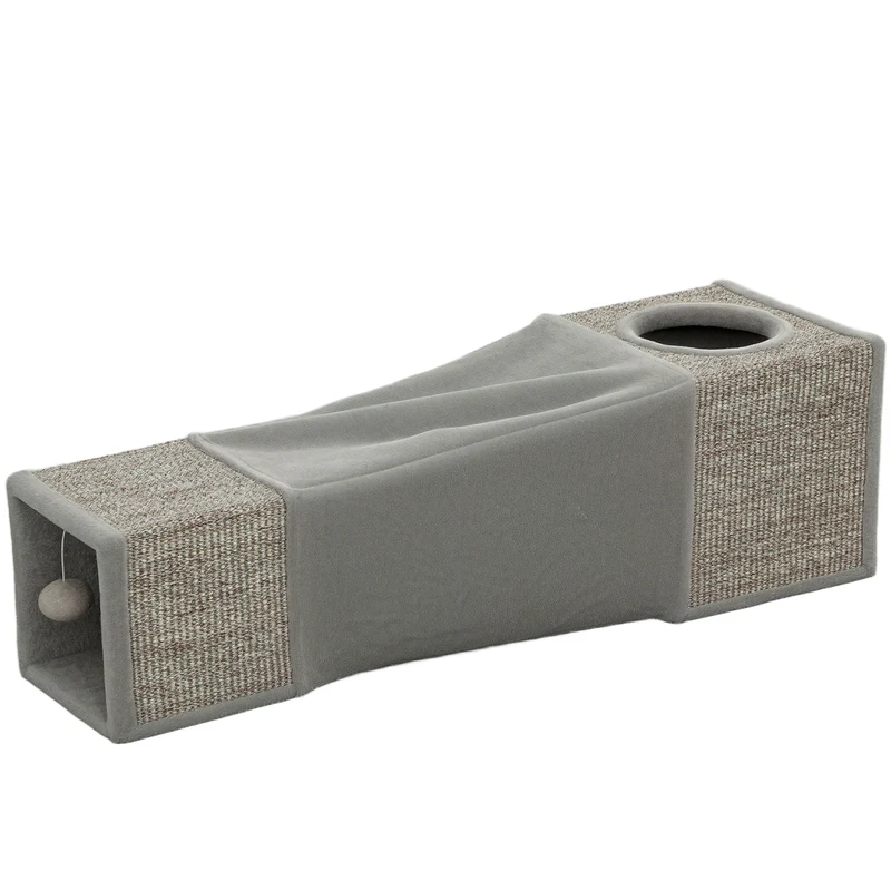 Tunnel pour chat intérieur ludique 98 x 30 x 30 cm jeu et repos entrées design contemporain ambiance cosy en bois gris 21_0007820