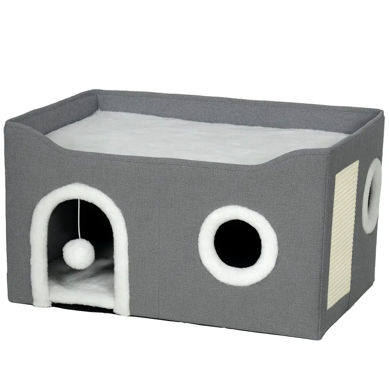 Maison pour chat pliable surélevée 60 x 40 x 34 cm avec griffoir gain de place design moderne ambiance cosy en MDF gris 21_0007755