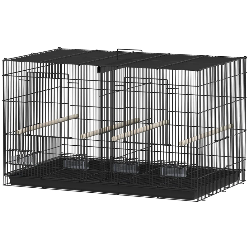 Cage à oiseaux volière 76 x 46 x 46 cm séparable en deux plateau coulissant pratique salon moderne épuré en acier noir 21_0007594
