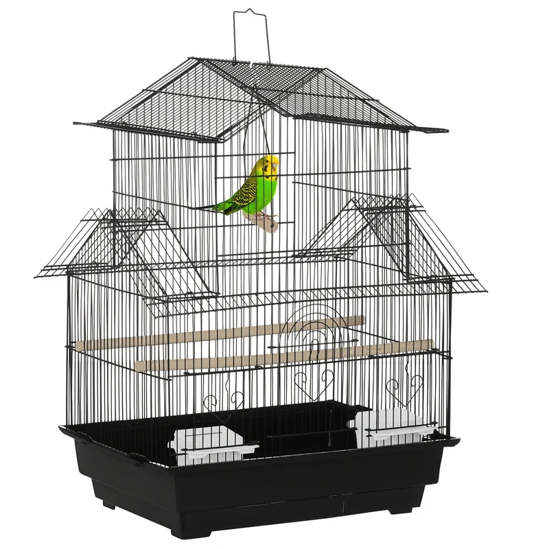 Cage à oiseaux intérieure perchoirs mangeoires plateau amovible poignée 50.5 x 41 x 63 cm design moderne en métal noir 21_0007566