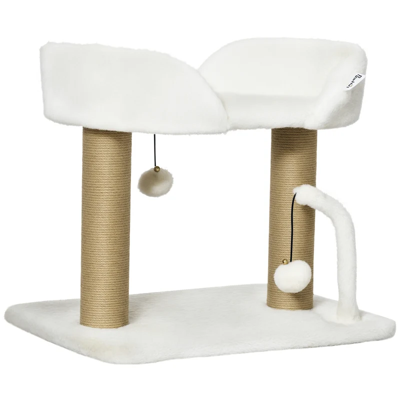 Arbre à chat griffoir plateforme avec pompons 48 x 38 x 42 cm stable et résistant design en panneau de particules blanc 21_0007683