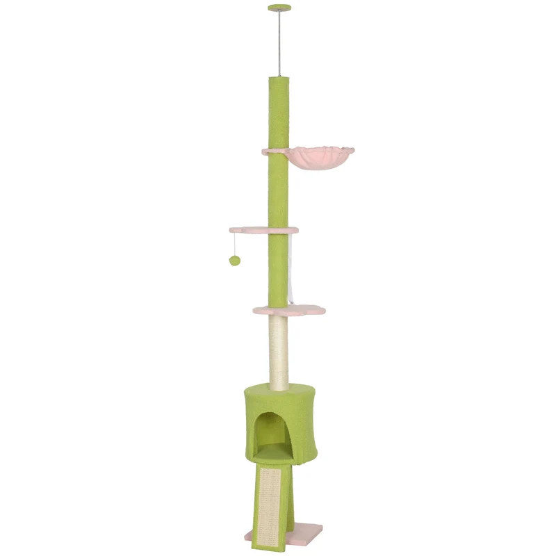 Arbre à chat du sol au plafond 30 x 25 x 220-240 cm hauteur réglable et griffoirs design contemporain en polyester vert 21_0007757