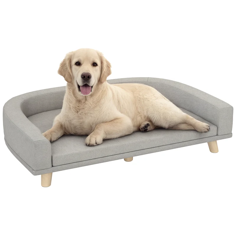 Canapé pour chien surélevé 98 x 67 x 25 cm assise moelleuse déhoussable design scandinave accoudoirs en polyester gris 21_0007361