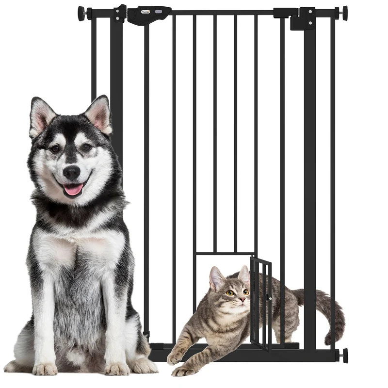 Barrière de sécurité animaux porte chat 74-80 x 104 cm fermeture auto double verrouillage contemporain en acier noir 21_0007436