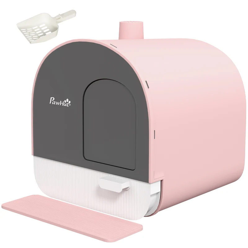 Bac à litière pour chat fermé 43 x 44 x 47 cm porte battante tiroir amovible facile à nettoyer moderne épuré en PP rose 21_0007771