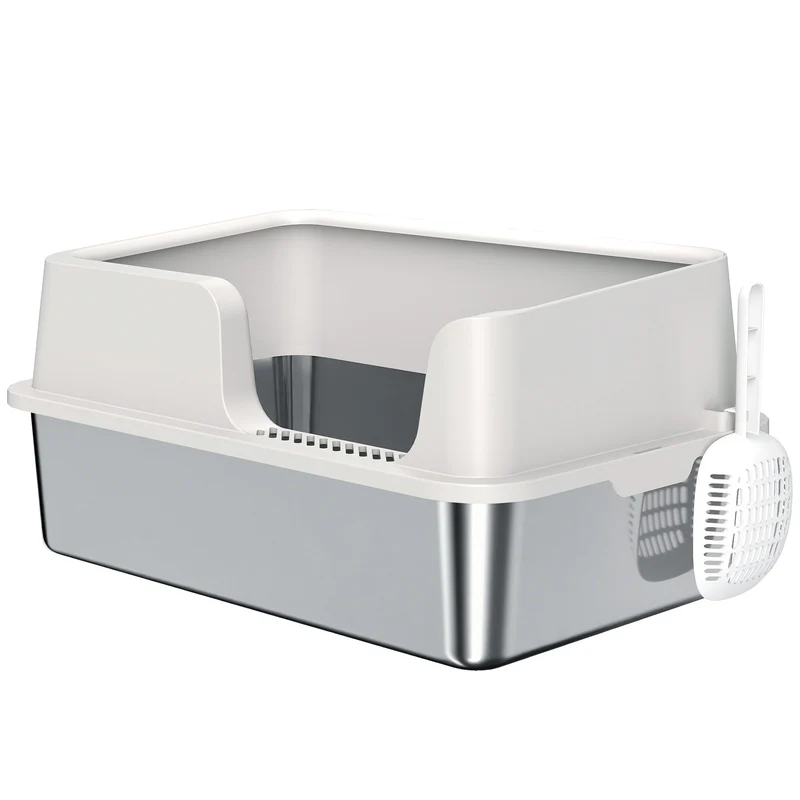 Bac à litière pour chat 60 x 40 x 28 cm rebords anti-fuite 13 cm pelle moderne épuré en acier inoxydable gris clair 21_0007800