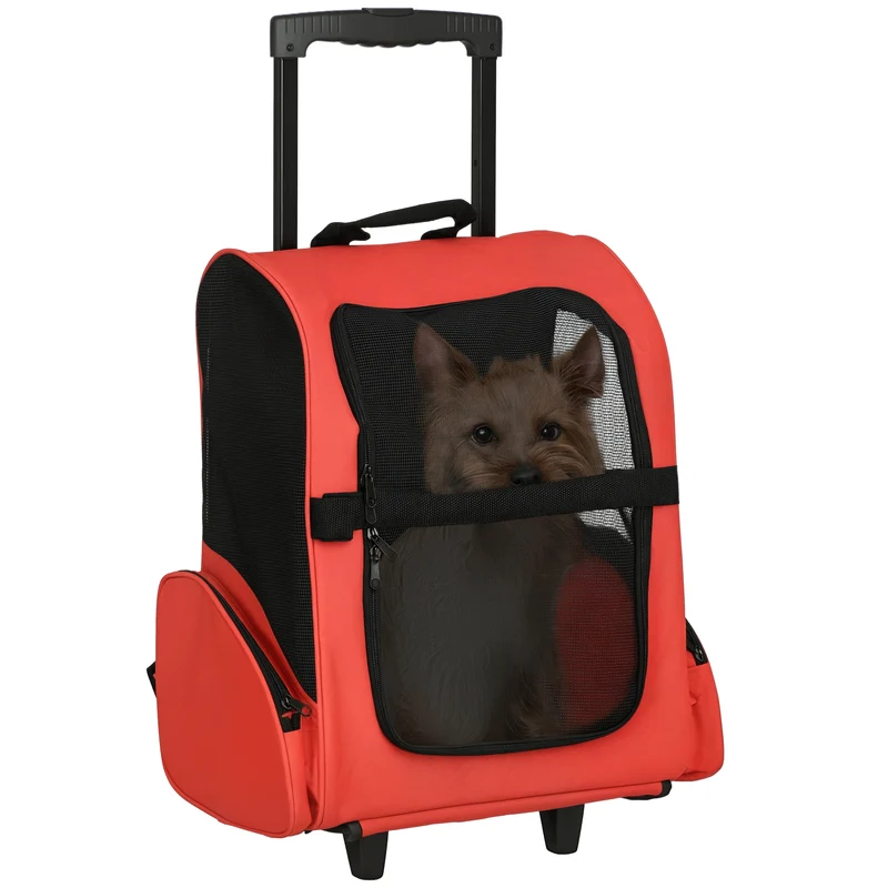 Sac de transport 2 en 1 chariot sac à dos pour chien chat 42 x 25 x 55 cm poignée téléscopique design en polyester rouge 21_0007555