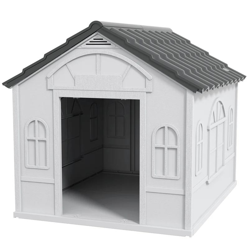 Niche pour chien extérieur à toit en pente 84 x 98 x 82 cm aération optimale montage sans vis style rustique en PP gris 21_0007293