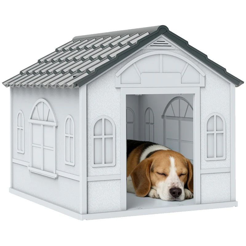 Niche d'extérieur pour chiens petite et moyenne taille 65 x 75.7 x 63 cm porte large aération design pratique en PP gris 21_0007292