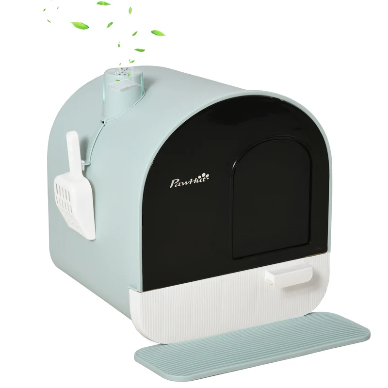 Maison de toilette pour chat 43 x 44 x 47 cm tiroir amovible filtre charbon actif pour salon moderne épuré en PP vert 21_0007769