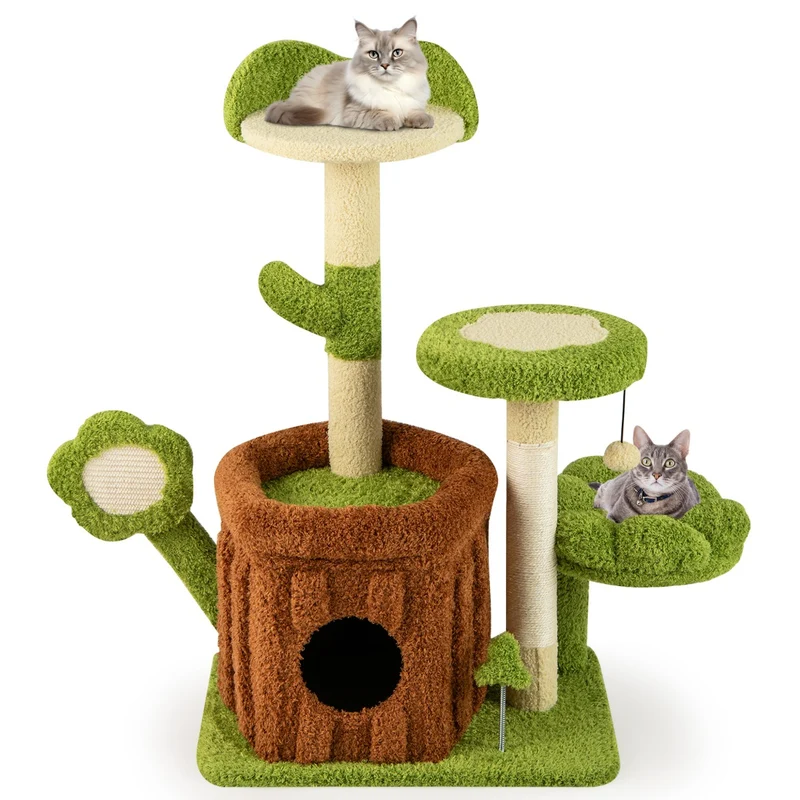 Arbre à chat multi-niveaux 92 x 55 x 40 cm avec condo et perchoir confortable style jungle en bois brun 20_0010138