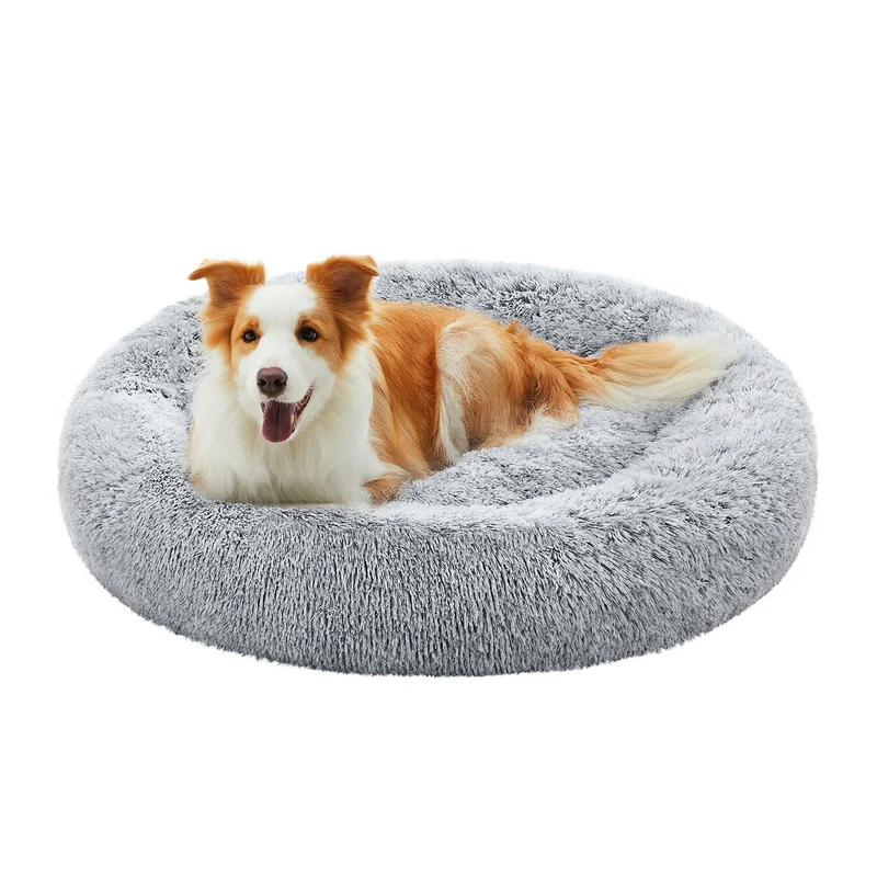 Panier pour chien lit ronde en forme de beignet canapé coussin central amovible et lavable tissu peluche doux ø100 cm gris clair 12_0006846