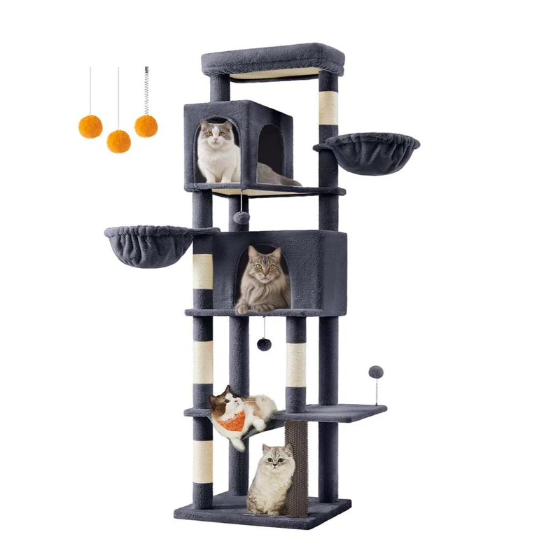 Arbre à chat tour à chat de 175 cm de haut abri à chat multi-niveaux avec 2 niches 2 paniers 5 griffoirs toilettage autonome perchoir hamac gris foncé 12_0003887
