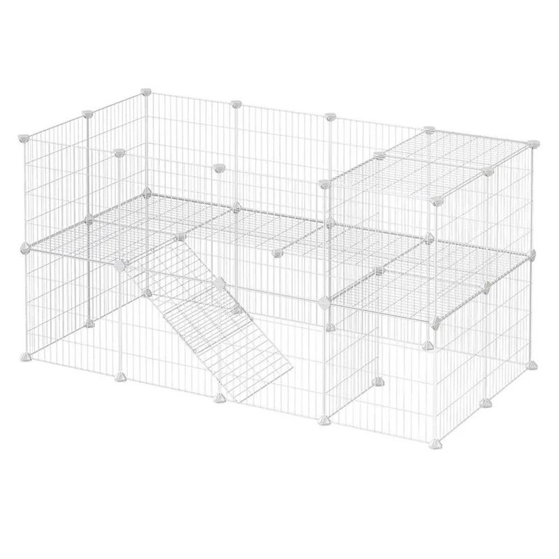 Clôture pour animaux domestiques 2 niveaux enclos modulable pour petits animaux hamsters lapins cochon d’inde panneaux grillagés usage intérieur 143 x 73 x 71 cm blanc 12_0001268