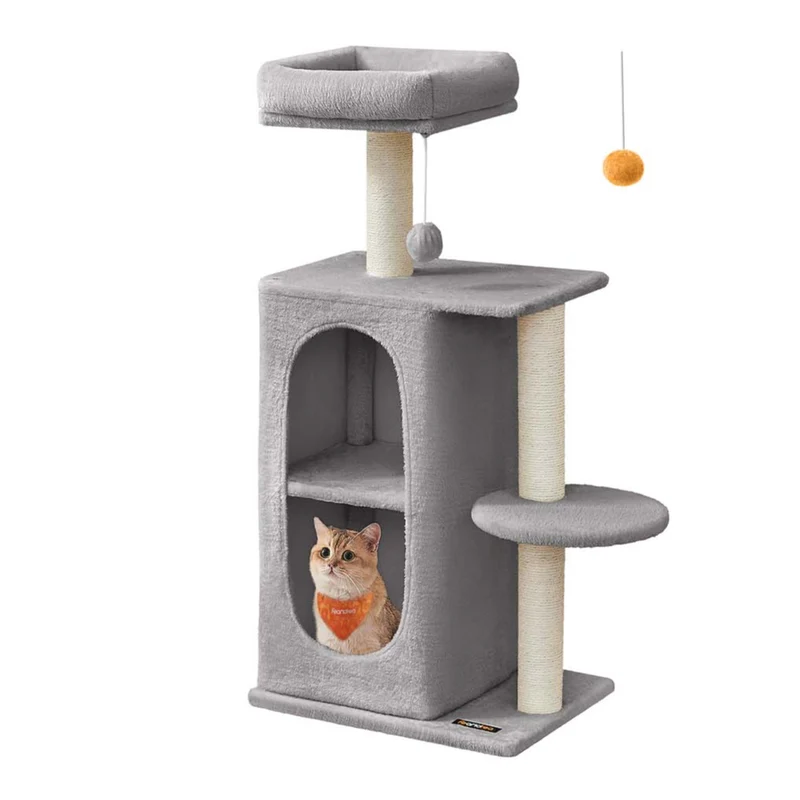 Petit arbre à chat avec 2 grottes poteaux à griffer 45 x 35 x 101 cm pour les foyers multi-chats gris clair 12_0006910