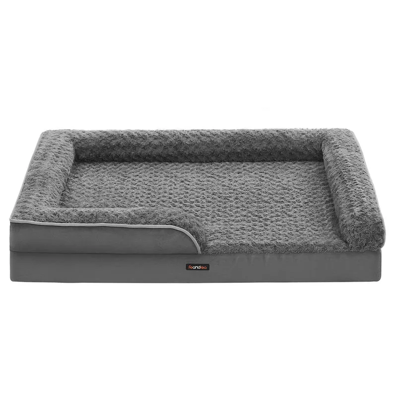 Panier pour chien lit pour animal orthopédique mousse alvéolée bords surélevés rembourrés housse amovible en tissu peluche aux motifs roses 71 x 58 x 16 cm gris 12_0006818