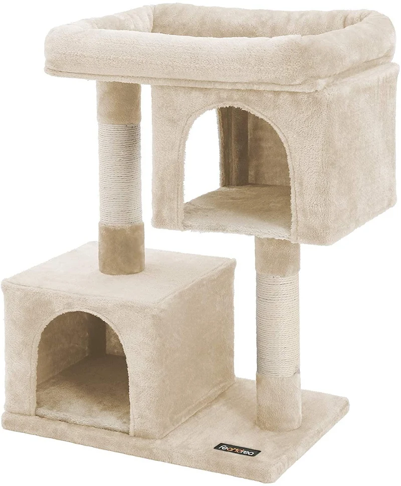 Arbre à chat colonne en sisal pour aiguiser les griffes 2 niches luxueuses maison de jeu meubles pour chatons chats et félins couleur beige 12_0000156