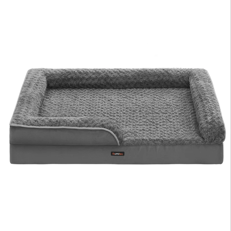 Panier pour chien lit pour animal orthopédique mousse alvéolée bords surélevés rembourrés housse amovible en tissu peluche aux motifs roses 106 x 81 x 18 cm gris 12_0006816