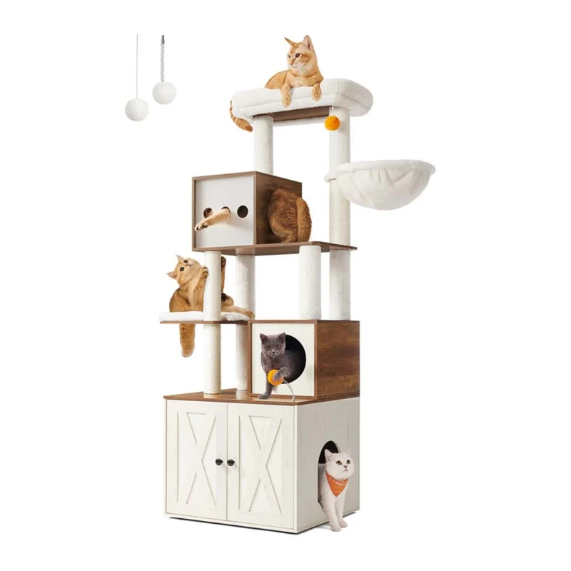 Arbre à chat moderne avec cache-litière tour de jeu griffoir avec maison de toilette 185 cm niche plateforme tapis lavables beige 12_0003867