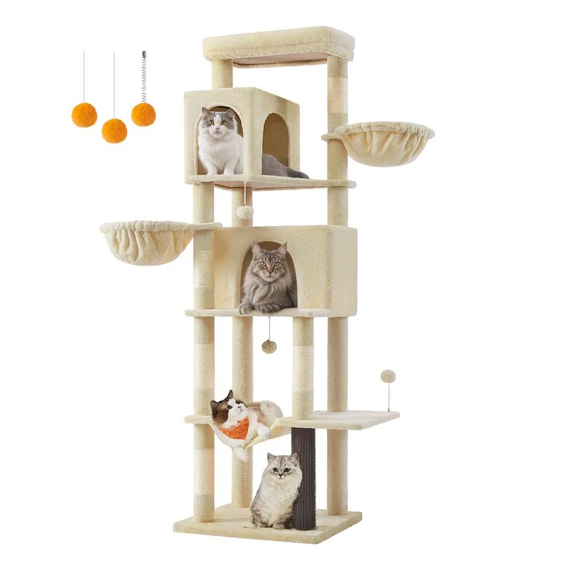 Arbre à chat tour à chat de 175 cm de haut abri à chat multi-niveaux avec 2 niches 2 paniers 5 griffoirs toilettage autonome perchoir hamac beige 12_0003888