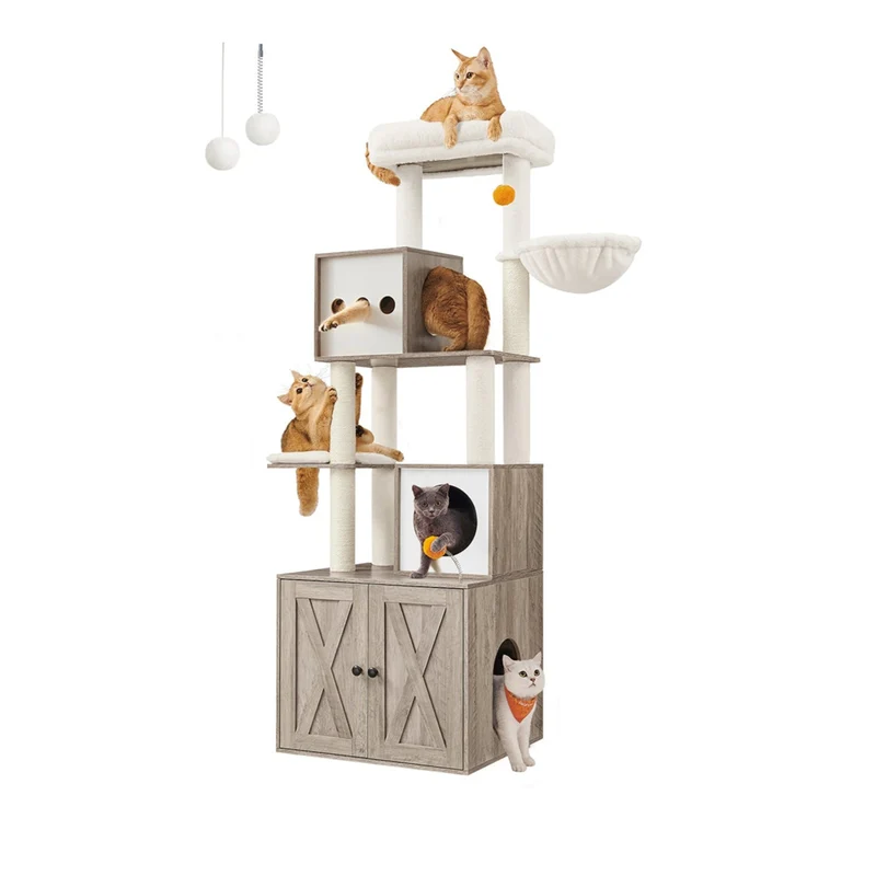 Arbre à chat moderne avec cache-litière tour de jeu griffoir avec maison de toilette 185 cm niche plateforme tapis lavables gris 12_0003865