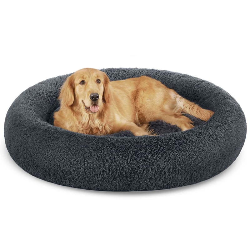 Panier pour chien lit ronde en forme de beignet canapé coussin central amovible et lavable tissu peluche doux 120 cm gris clair 12_0006849