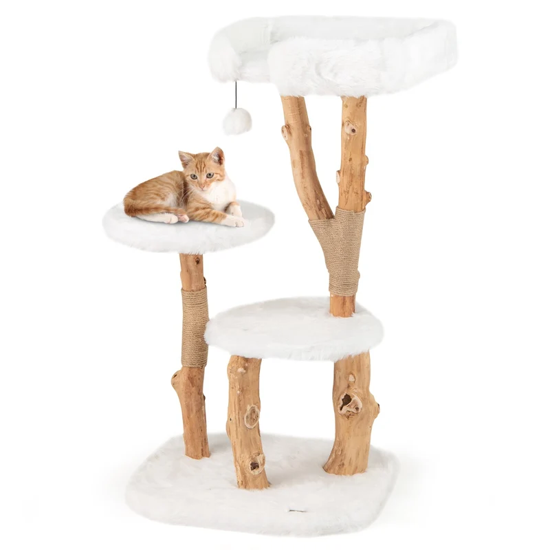 Arbre à chat en bois massif 59 x 49 x 110 cm avec perchoir confortable et griffoirs en jute style naturel blanc 20_0010121